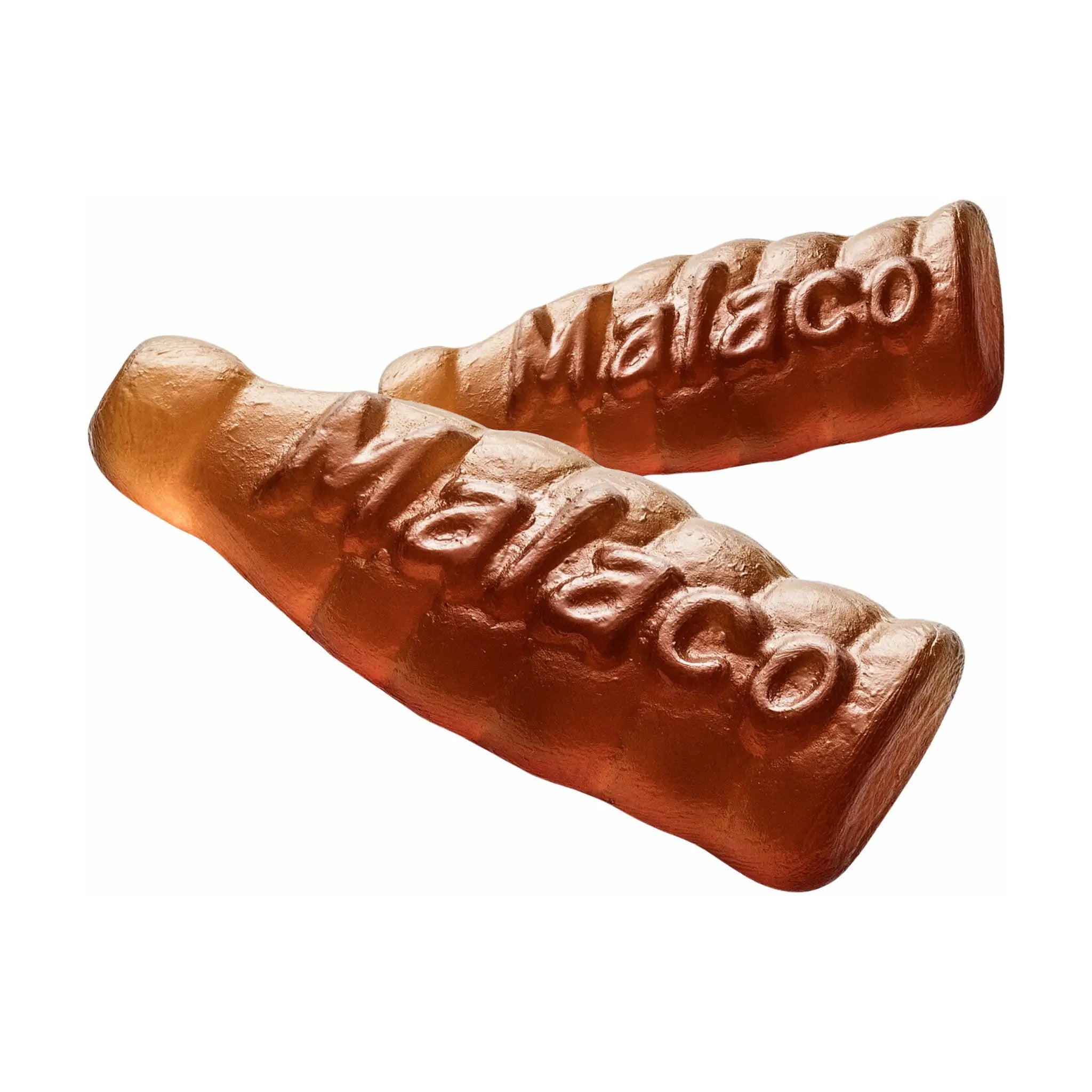 Swedish candy in the shape of brown bottles with the text "Malaco" on top.