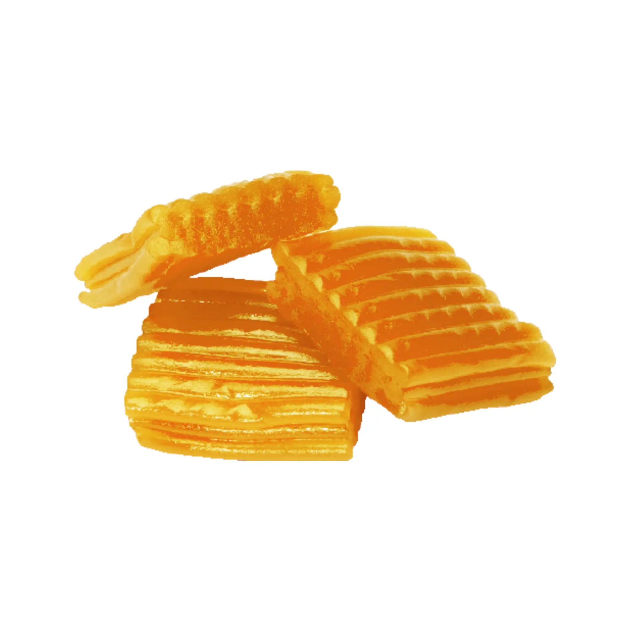 Three golden-colored pieces of Swedish candy in the shape of carpets.