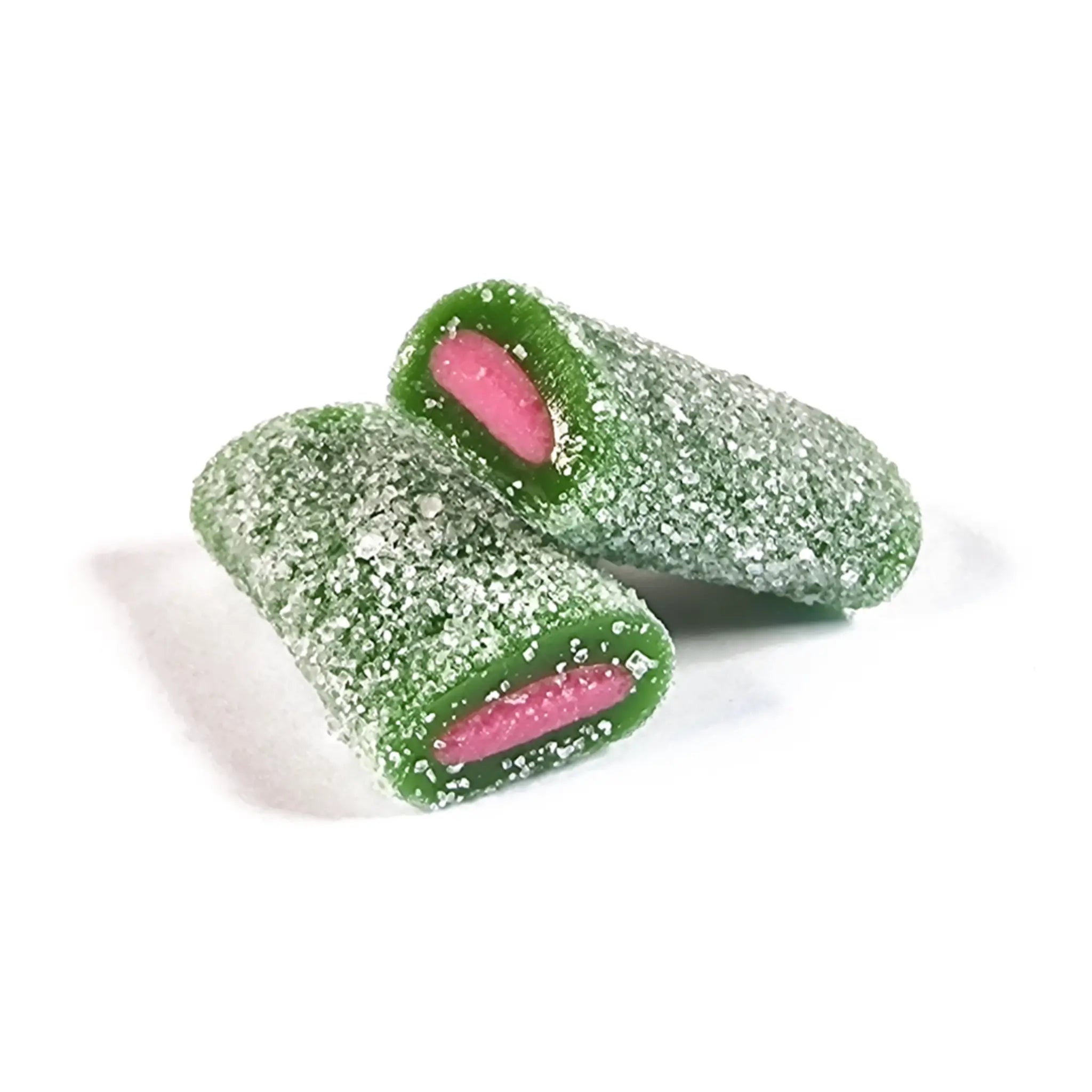 Two pieces of Swedish candy in green, coated in sugar, with a pink inside.