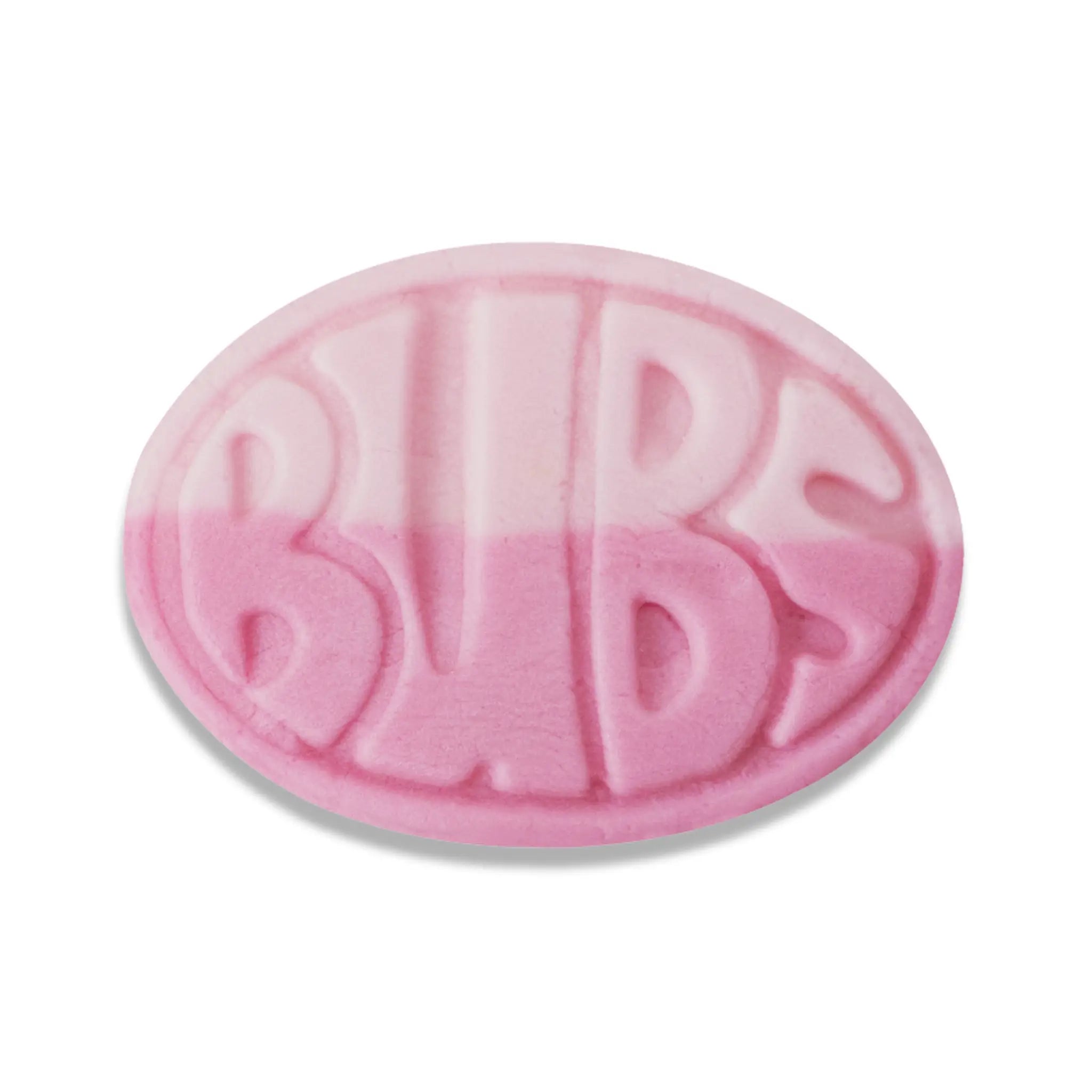 A piece of Swedish candy in the shape of an oval, in two shades of pink, with the word "Bubs" in the front.