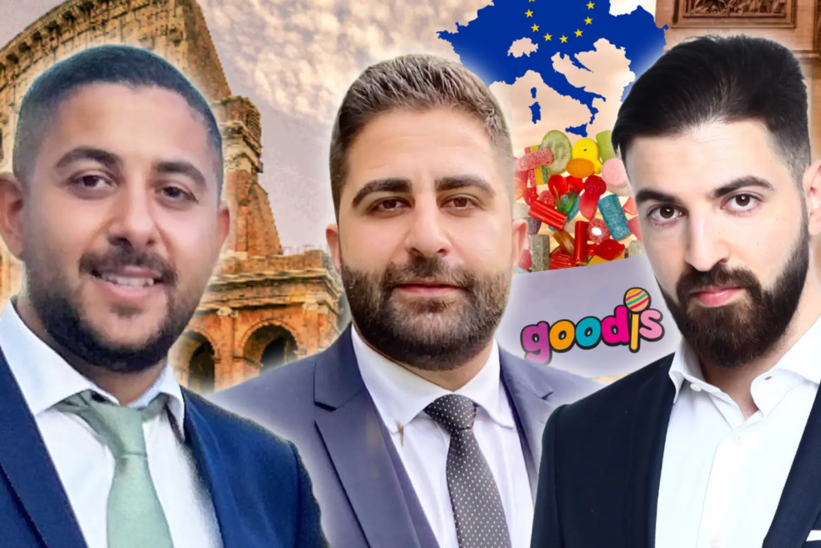 Three men in suits in front of a montage background with Colosseum, candy, a European map and Arc de Triomphe.