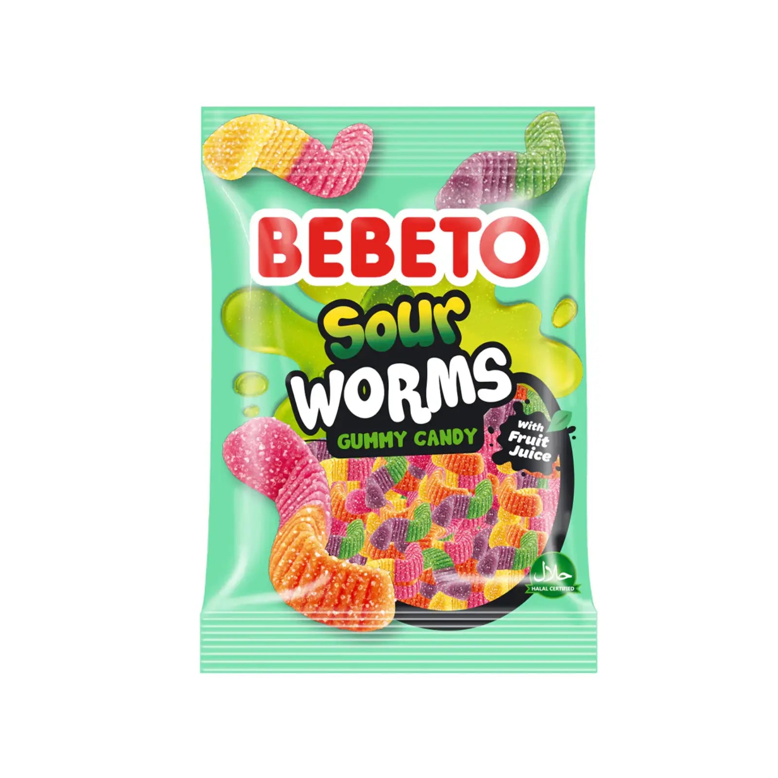 A green bag of candy with the words "Bebeto Sour Worms" in the front, with small pieces of candy in different colors inside.