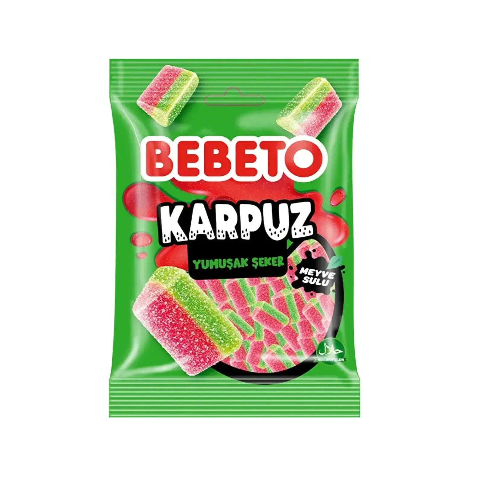 A green bag of candy with the word "Bebeto" in the front, with small pieces of candy in green and red inside.