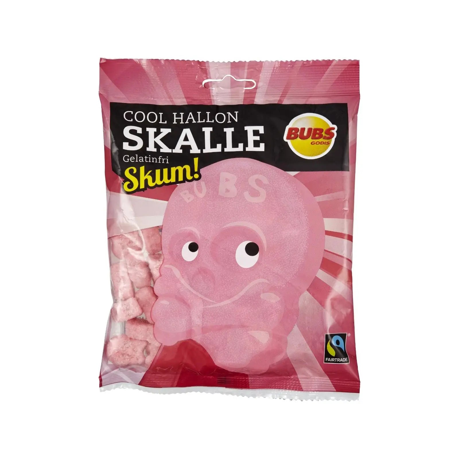 A bag of Swedish candy from Bubs, mainly in pink, with the words "Cool Hallon Skalle" in the front above a pink skull.