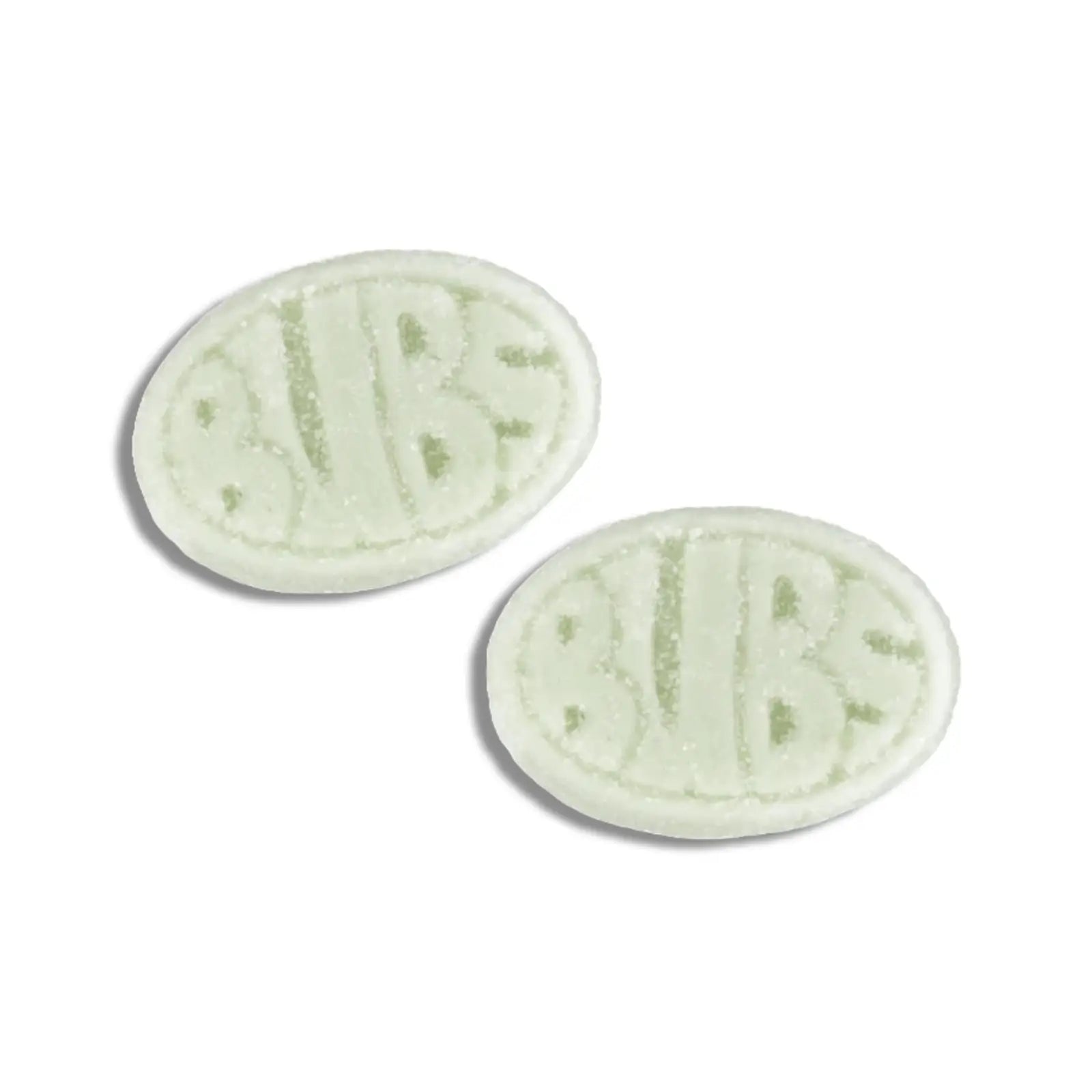 Two oval pieces of Swedish candy in light green, with "Bubs" written in the front", coated in sugar.