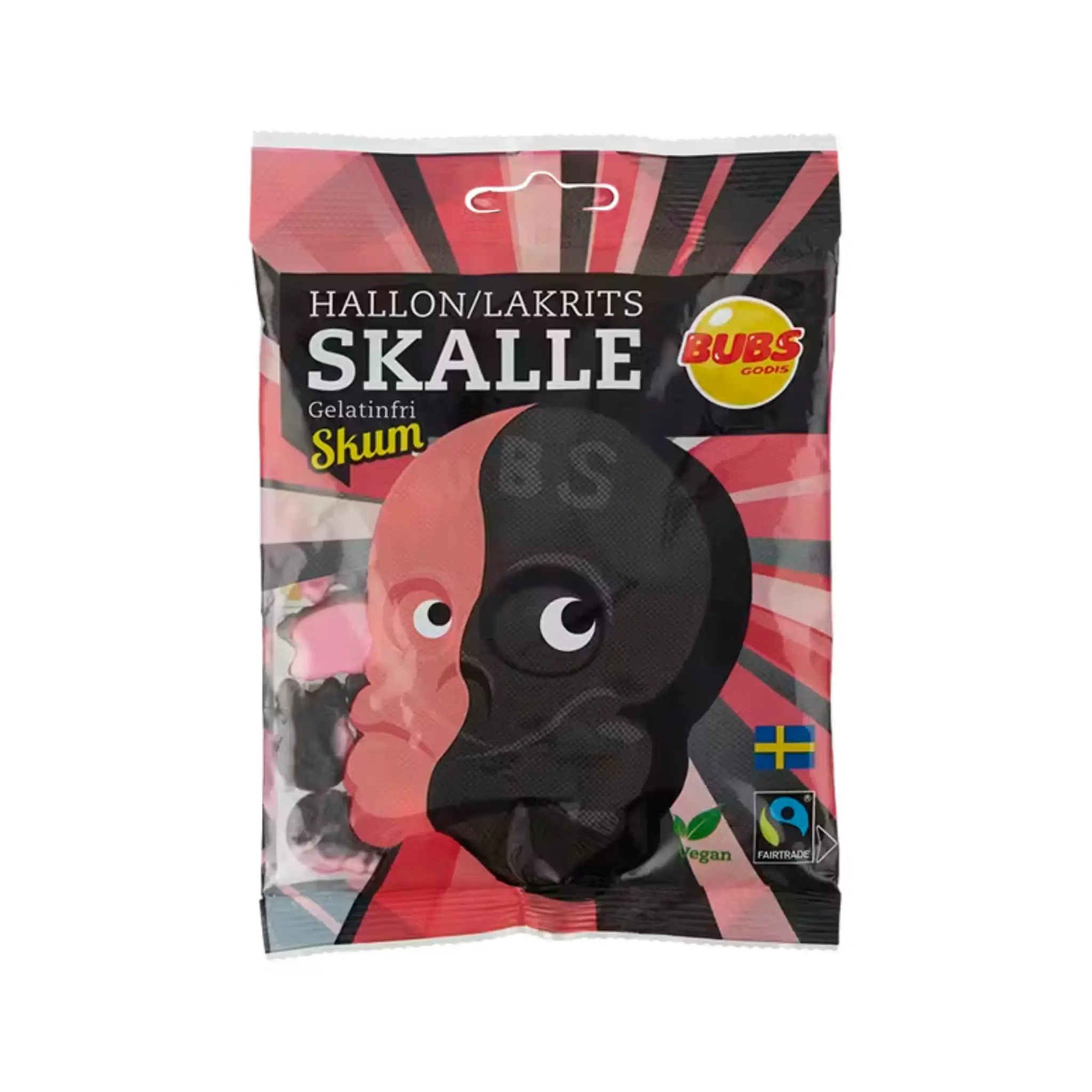 A bag of Swedish candy "Bubs" with skulls in pink and black inside.