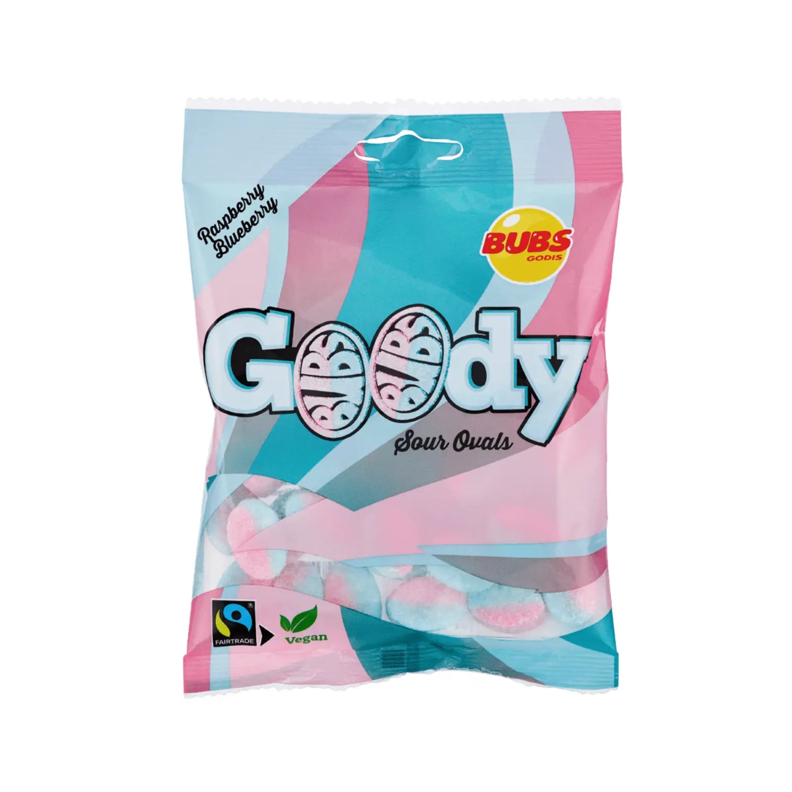 A bag of Swedish candy from Bubs, mainly in pink and blue, with the word "Goody" in the front.