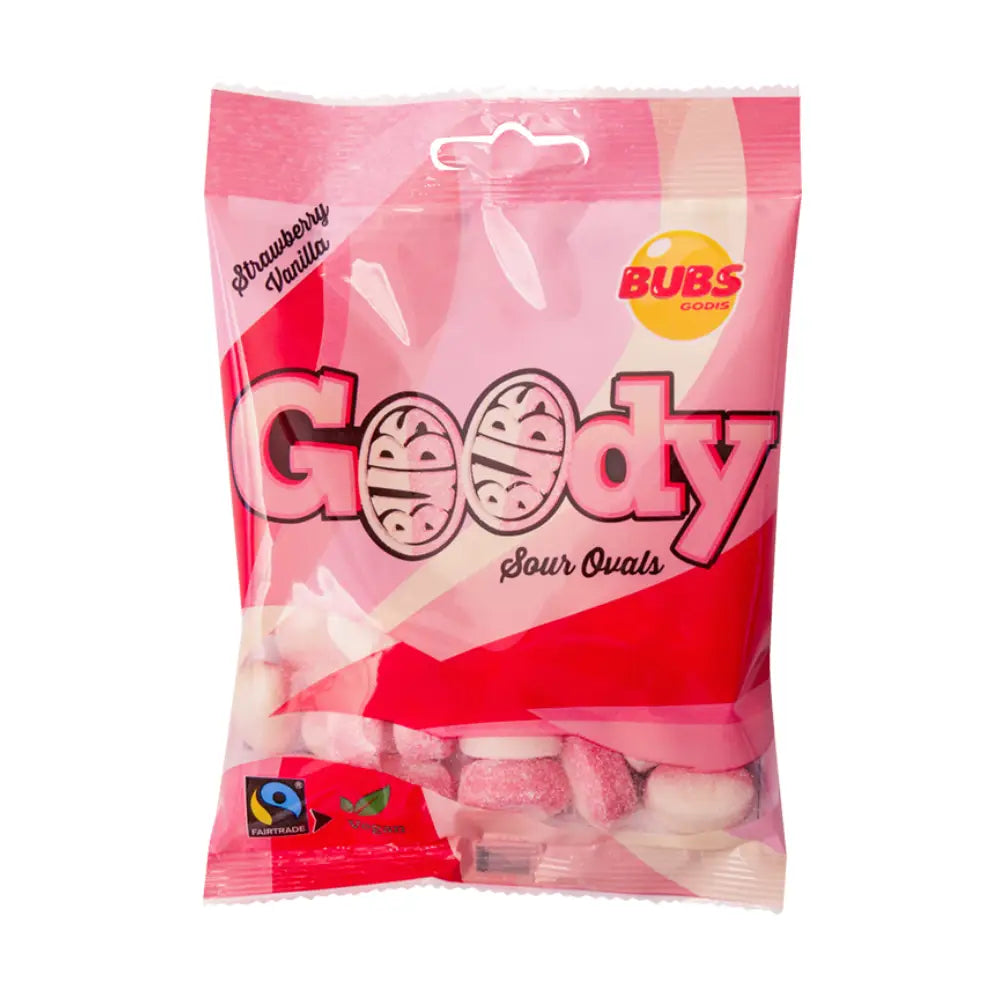 A mainly pink bag with the word "Goody" in the front, filled with Swedish candy from the brand Bubs.