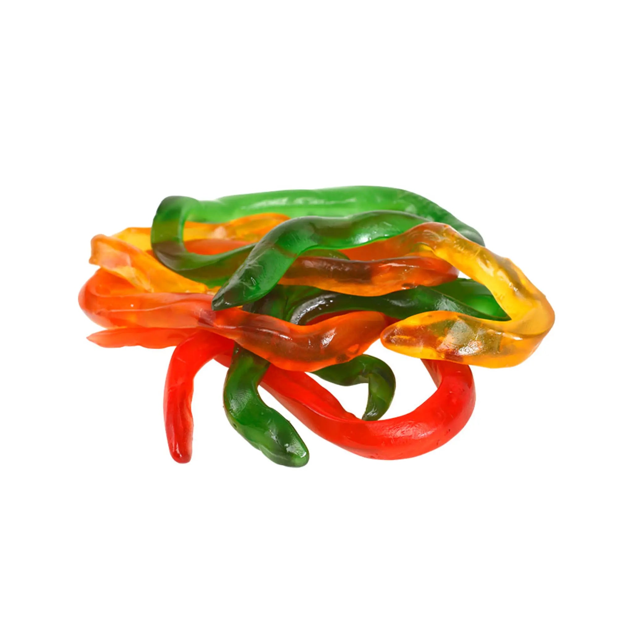 Multiple pieces of Swedish candy in the shape of snakes, in green, orange, yellow and red.