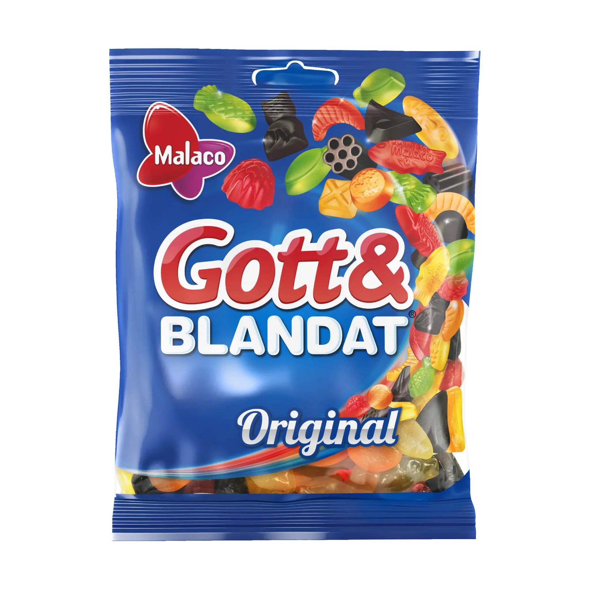 A blue bag of the Swedish Candy Gott & Blandat, wrapped around candy in different colors.