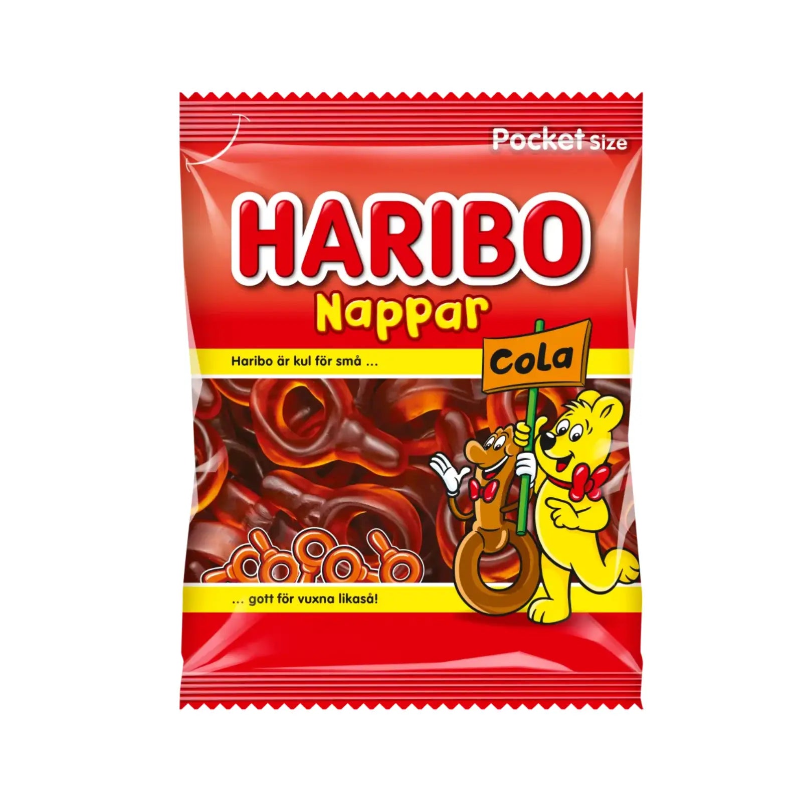 A red bag of candy filled  with the word "Haribo" in the front, with brown candy pacifiers inside.