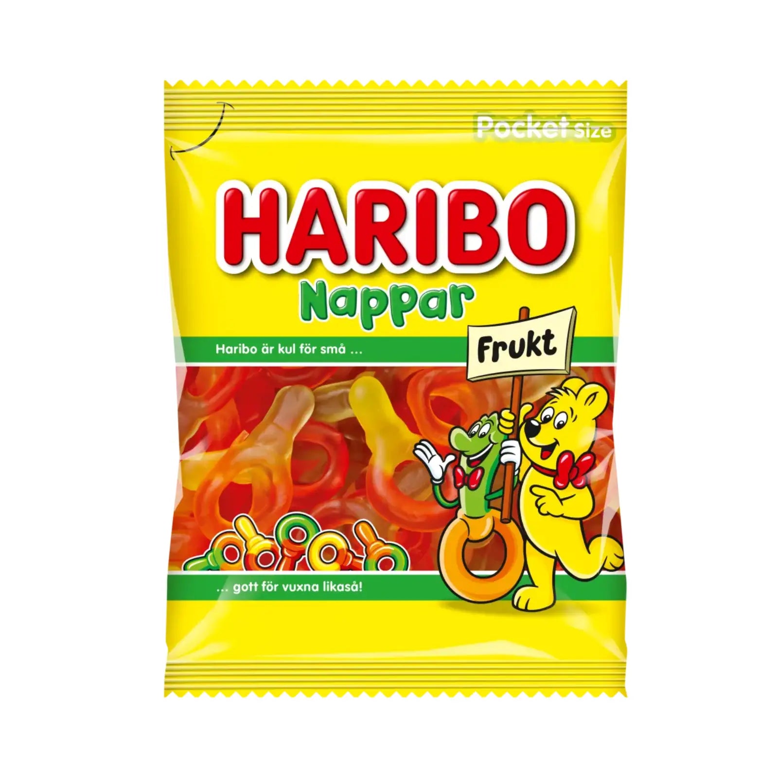 A yellow bag of candy filled with the word "Haribo" in the front, with colorful candy pacifiers inside.