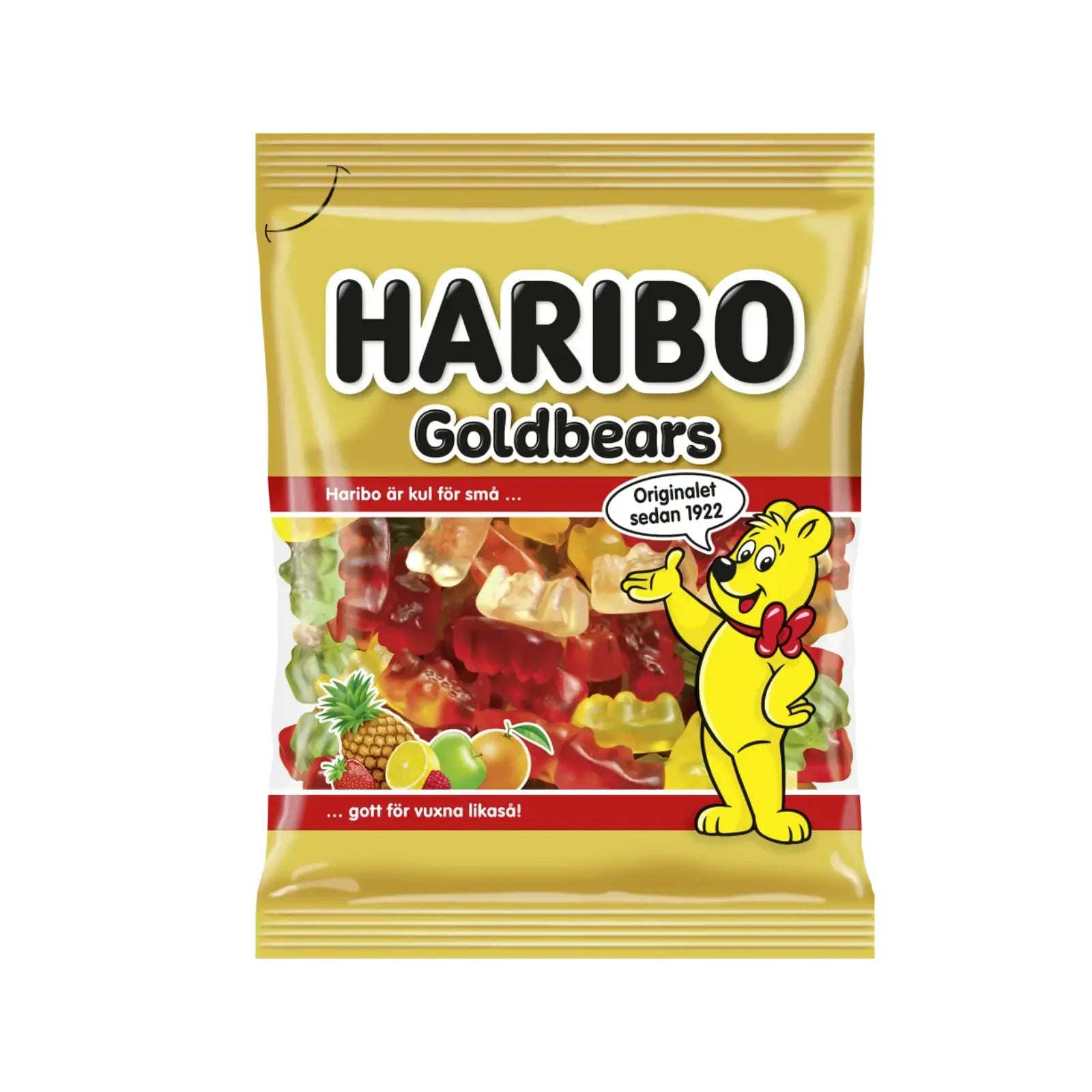 A golden-colored bag of candy filled  with the word "Haribo" in the front, with gummy bears in different colors inside.