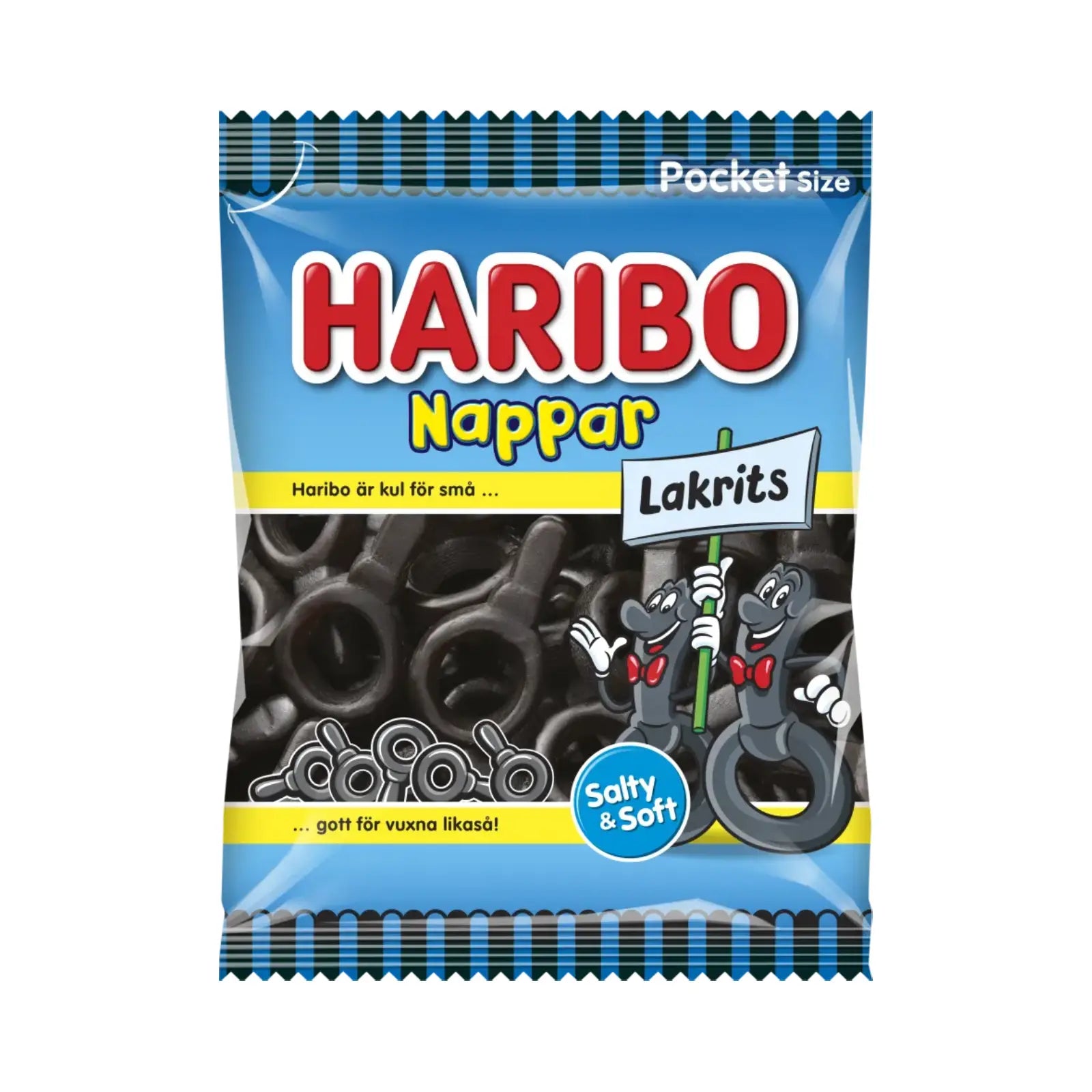 A blue bag of candy filled with the word "Haribo" in the front, with black candy pacifiers inside.