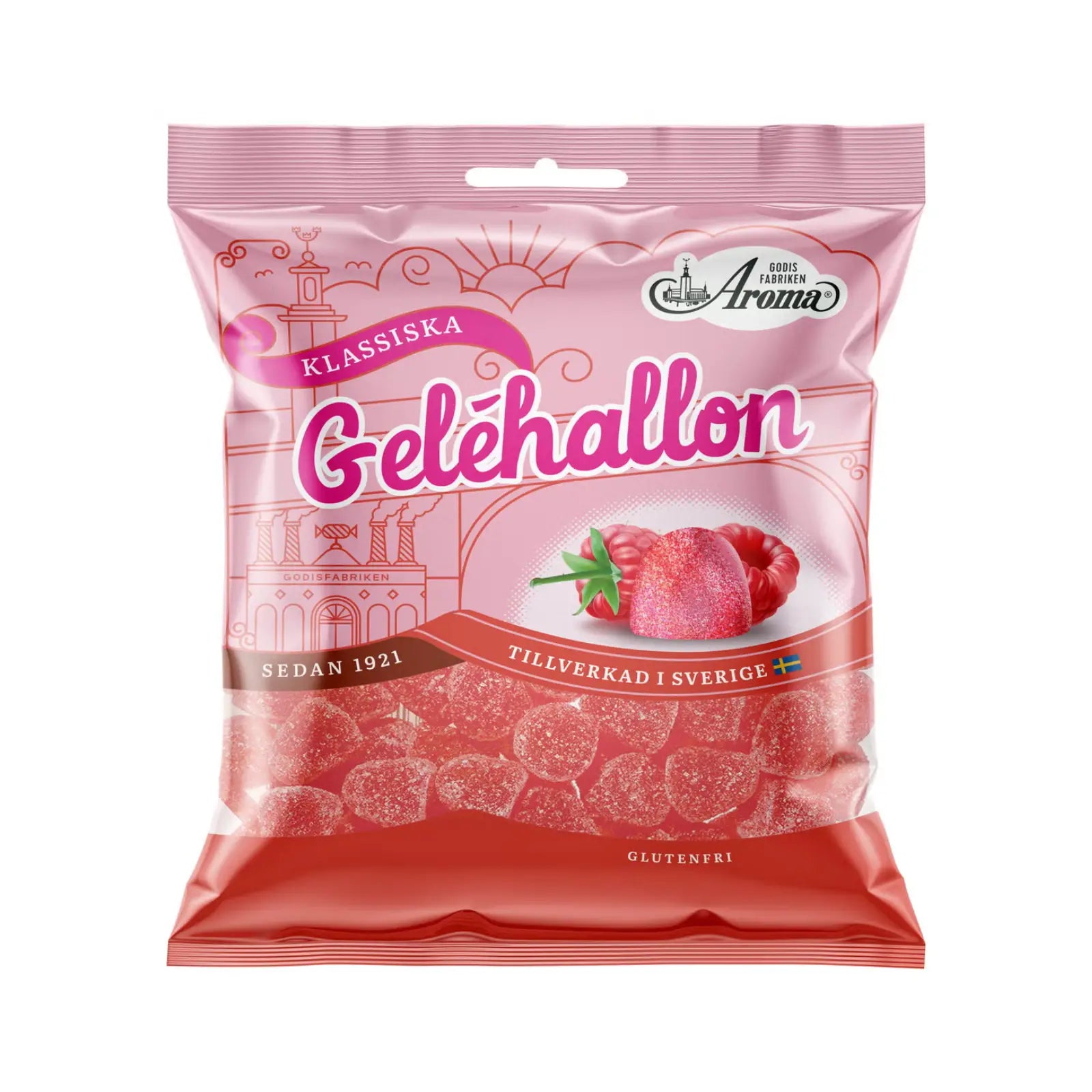 A pink of candy with the word "Geléhallon" in the front along, with small pink pieces of candy inside.