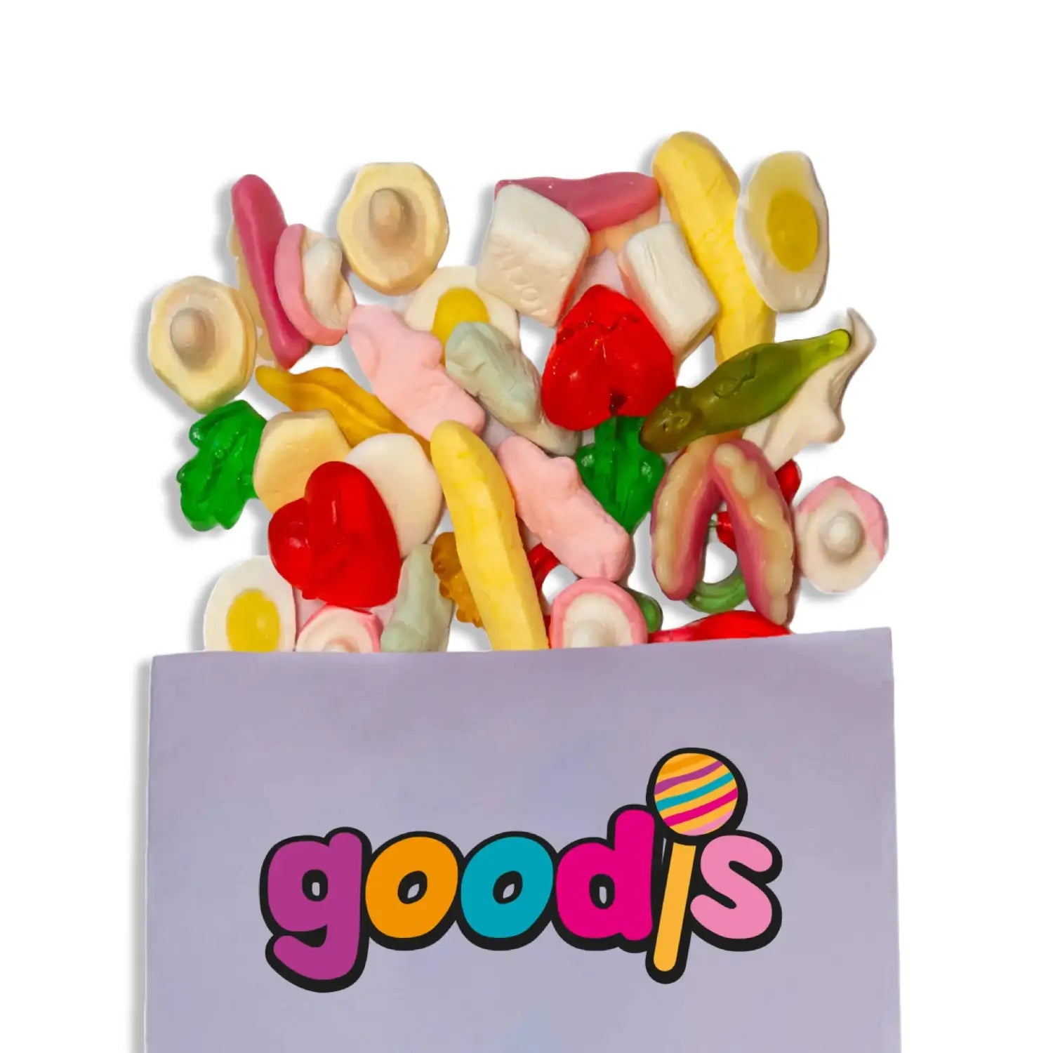 Different kinds of jelly and marshallow candy, in many shapes and colors, falling out of a purple candy bag.