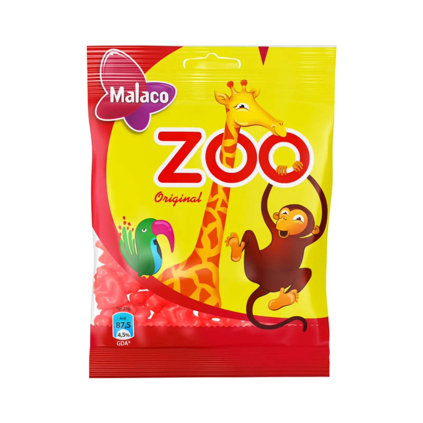 A yellow and red bag of candy with the word "Zoo" in the front along with a giraffe, a monkey and a parrot, with small red pieces of candy inside.