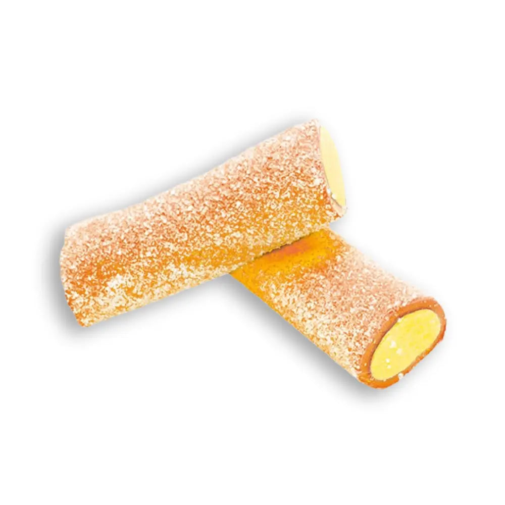 Two pieces of Swedish candy, in orange color, coated in sugar.