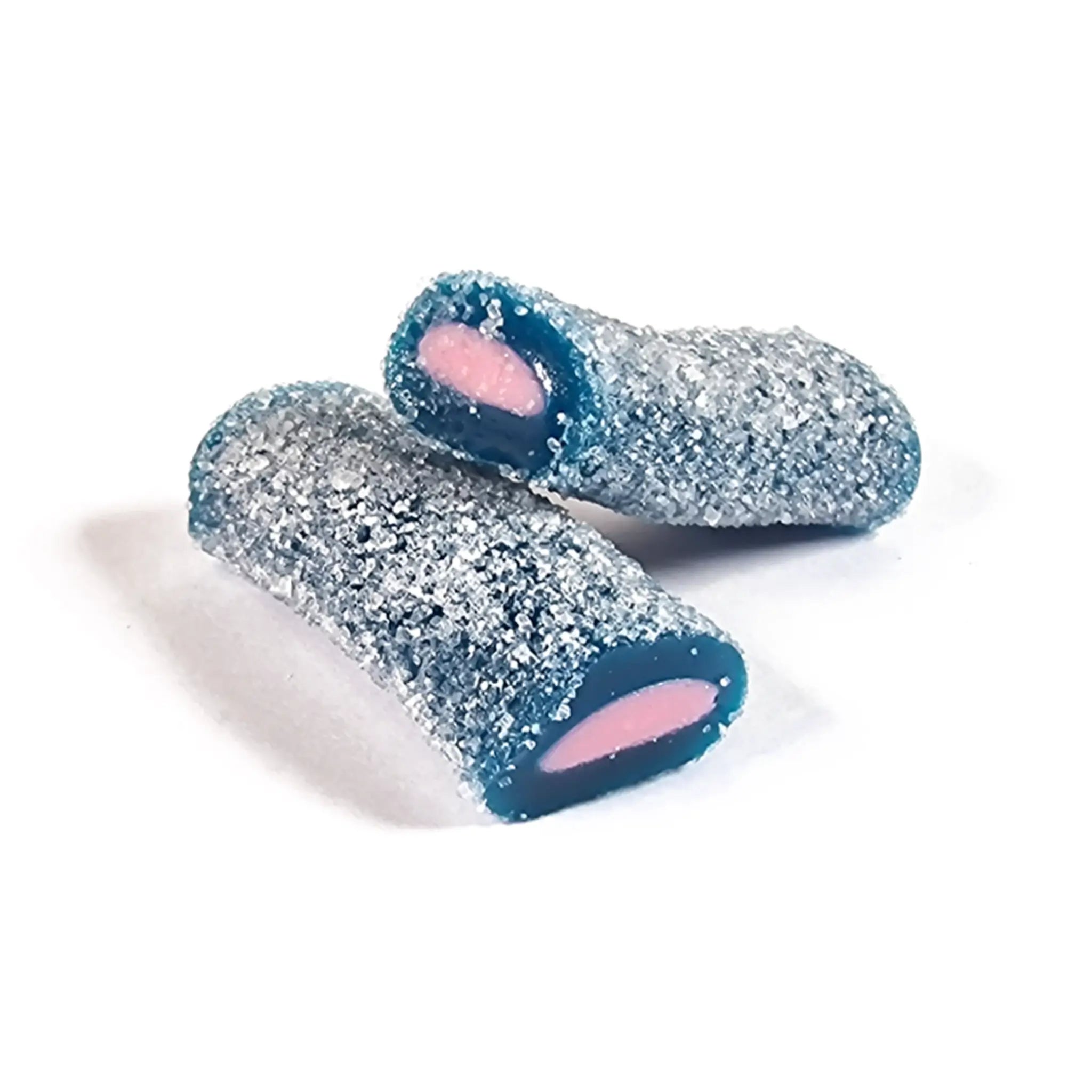 Two pieces of Swedish candy in midnight blue, coated in sugar, with pink inside.