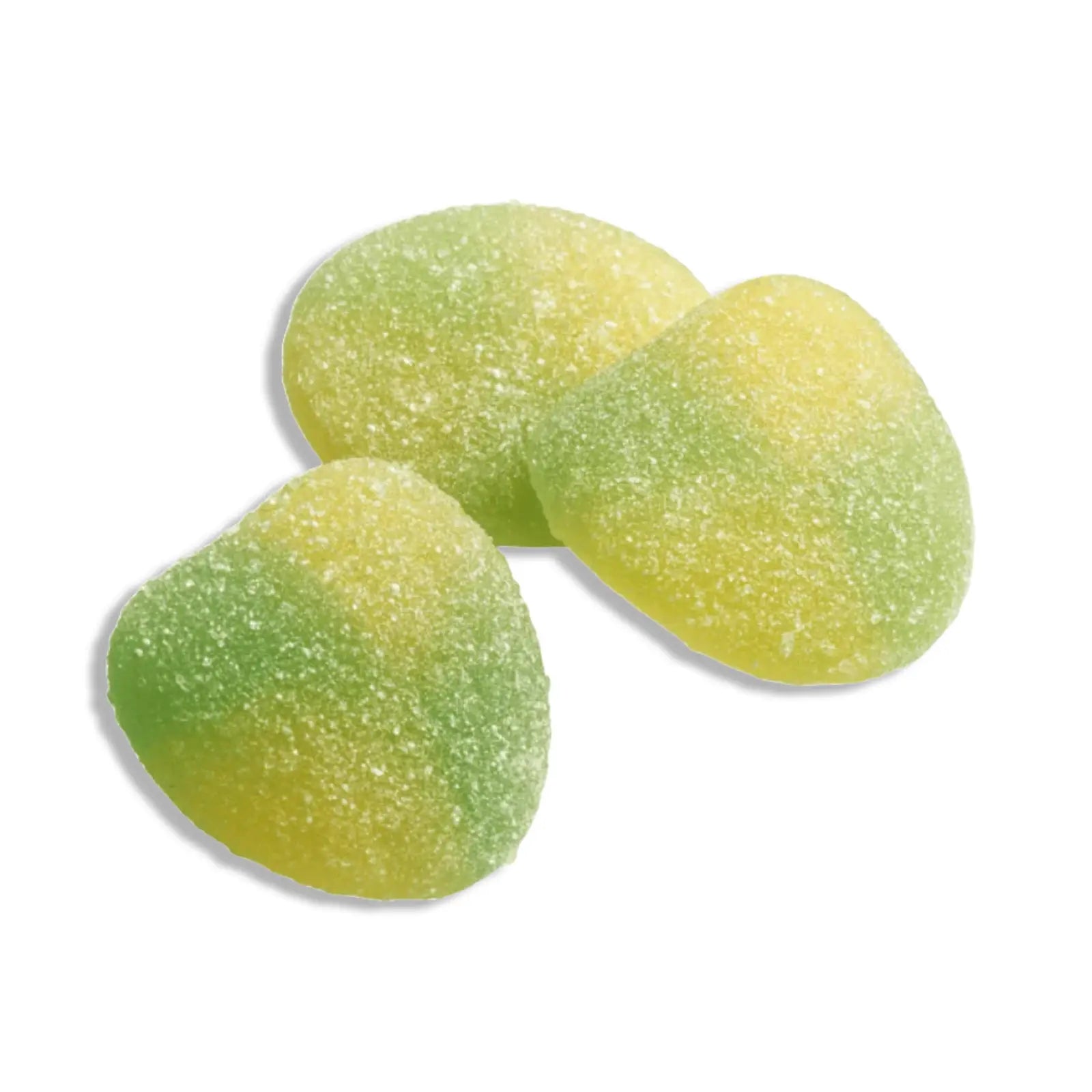 Three pieces of Swedish candy in the shape of peaches, green and yellow, coated in sugar.