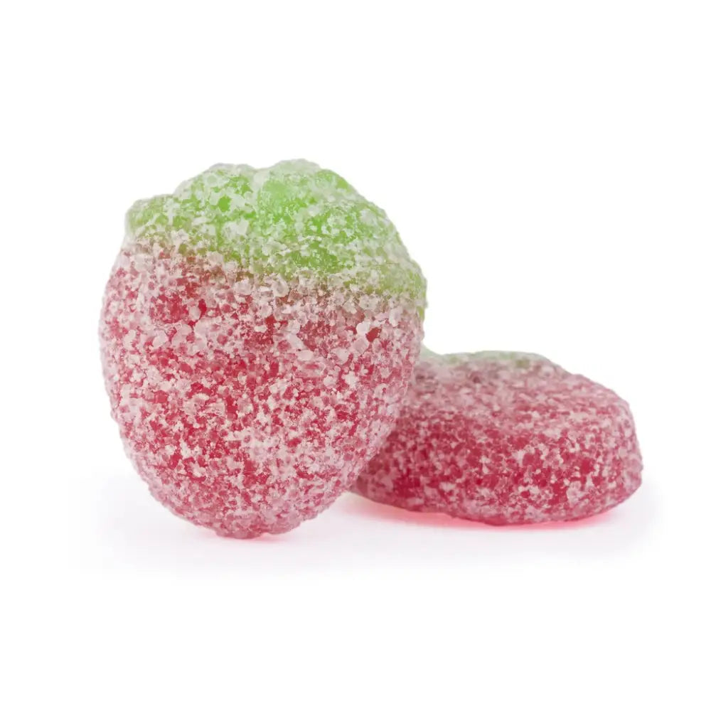 Two pieces of candy shaped like strawberries, coated in sugar.