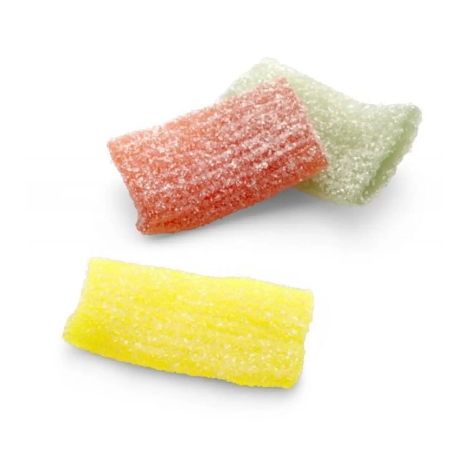 Three pieces of Swedish candy in the shape of rugs, red, yellow and green, coated in sugar.