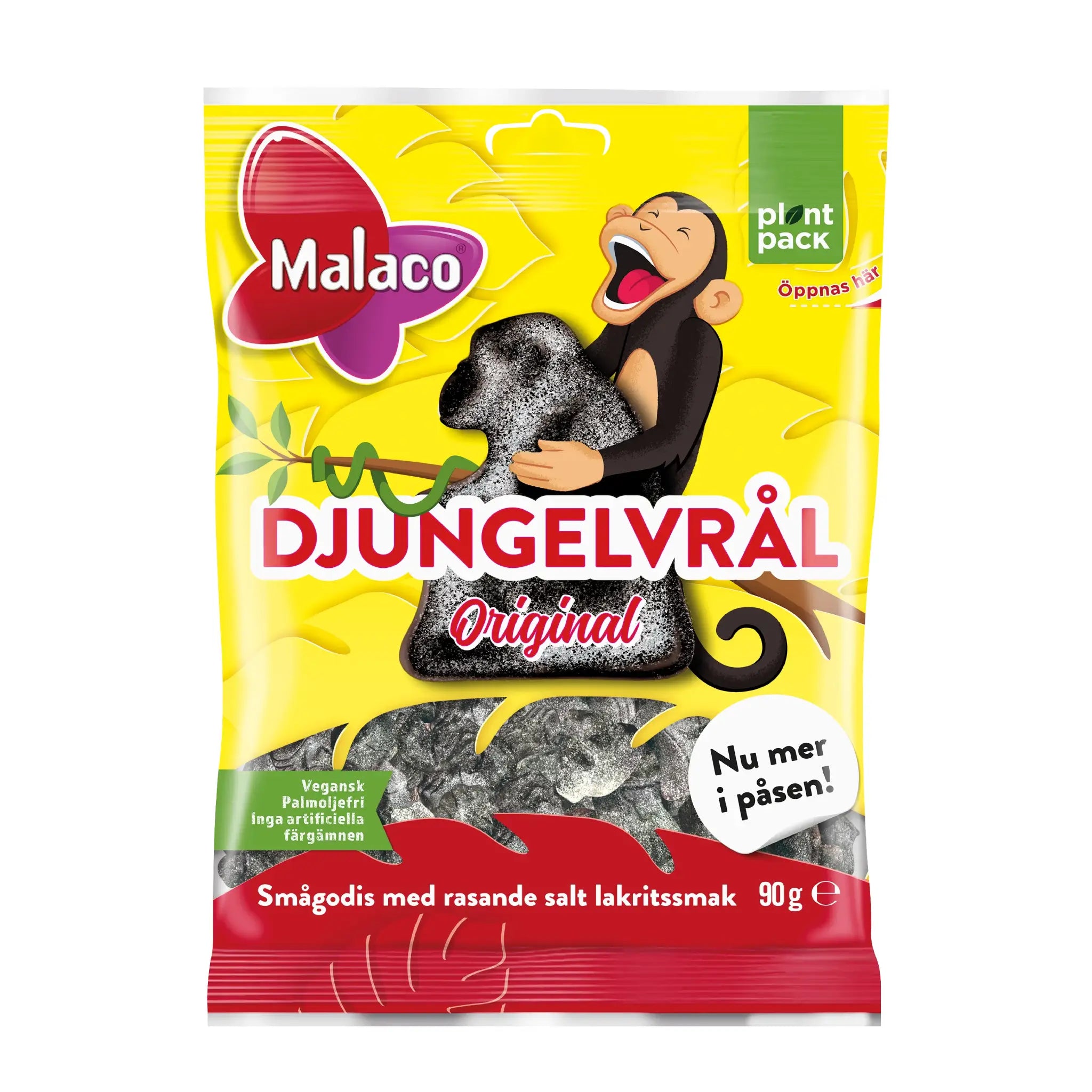 Swedish candy in the shape of monkeys, coated in sugar, wrapped in a mainly yellow bag with a cartooned monkey on the front, hugging a candy monkey.