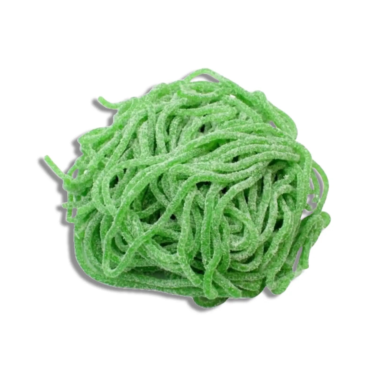 Swedish candy in the shape of green spaghetti, coated in sugar.
