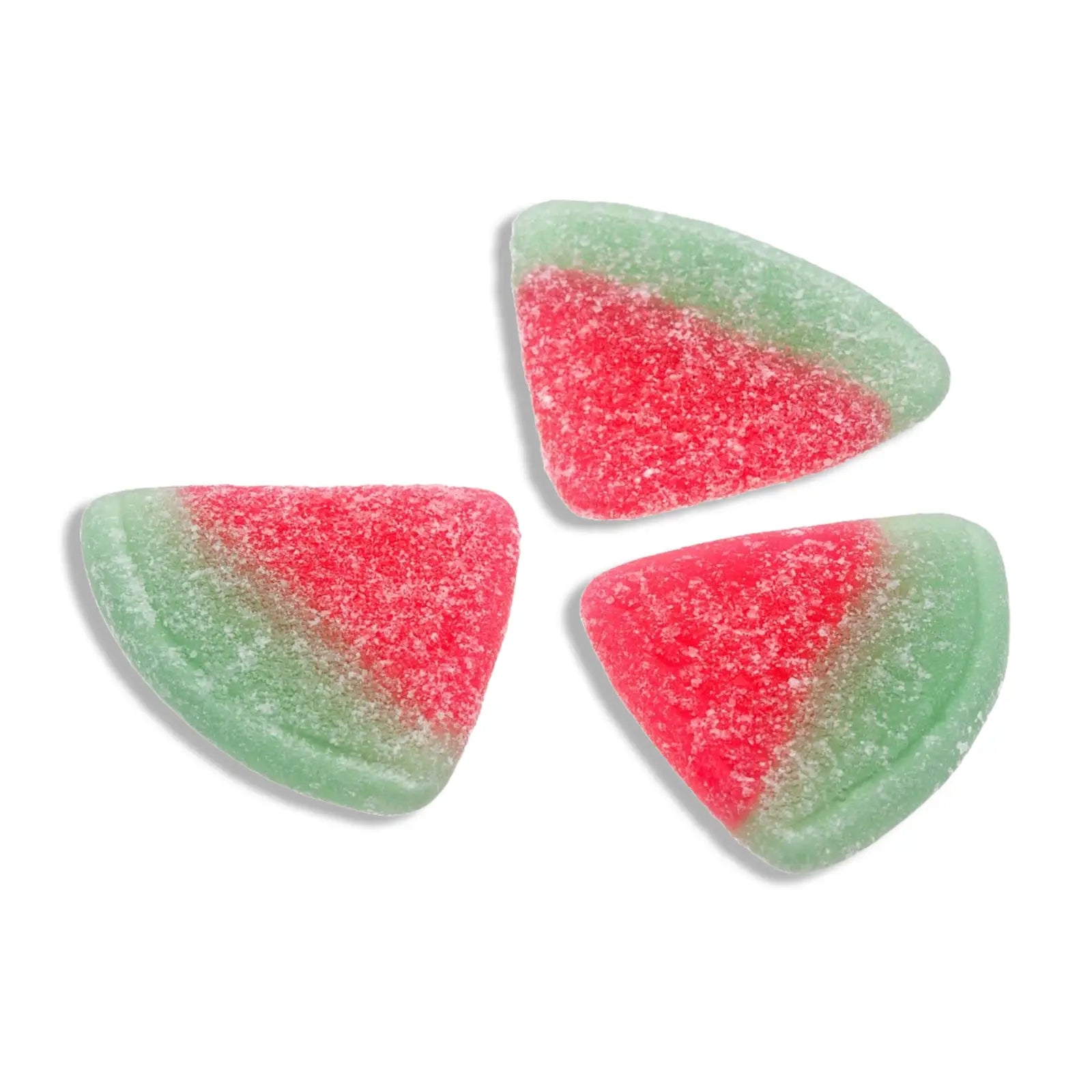 Three pieces of Swedish candy in the shape of watermelon slices, red and green, coated in sugar.