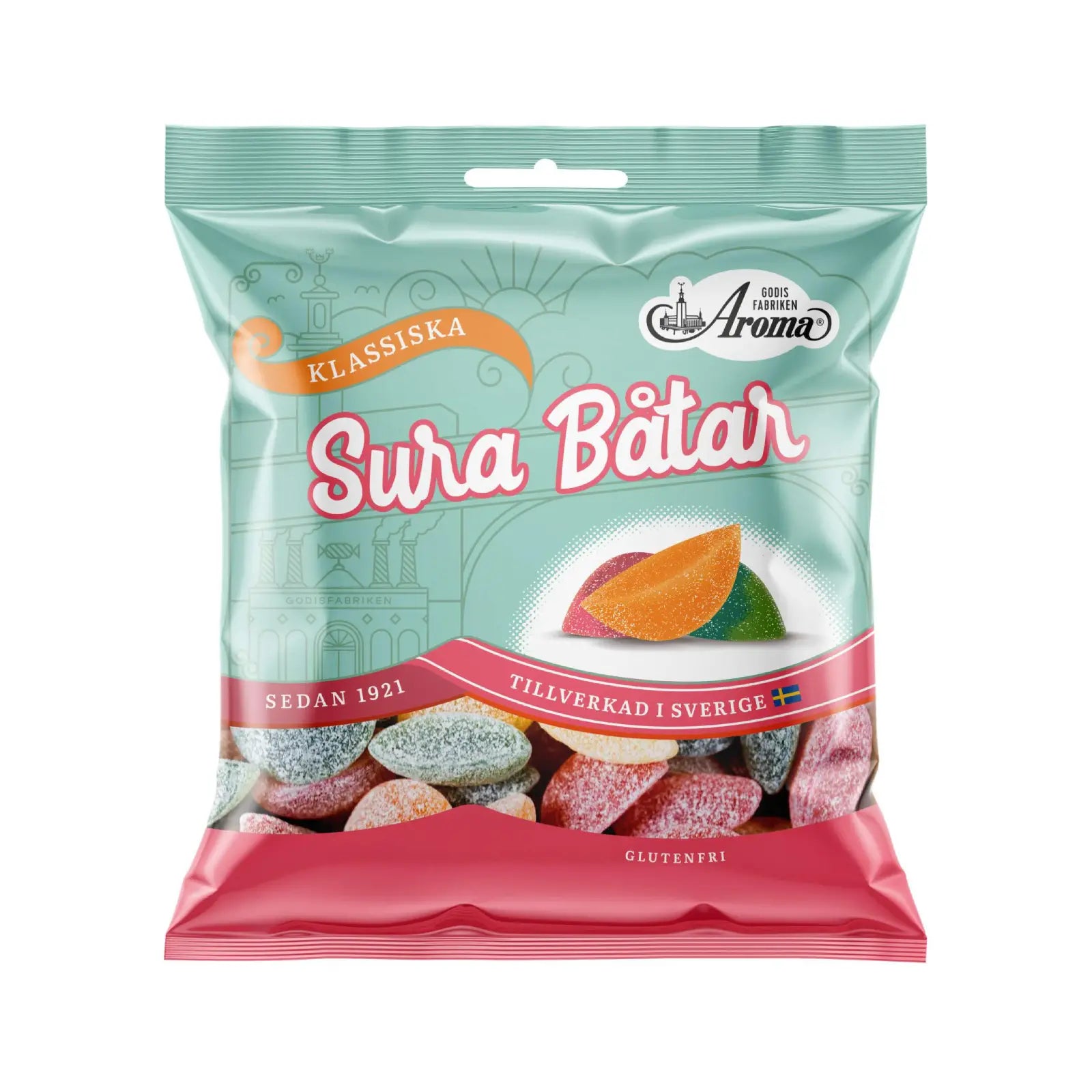 A blue and pink of candy with the word "Sura Båtar" in the front along, with small pieces of candy in different colors inside.