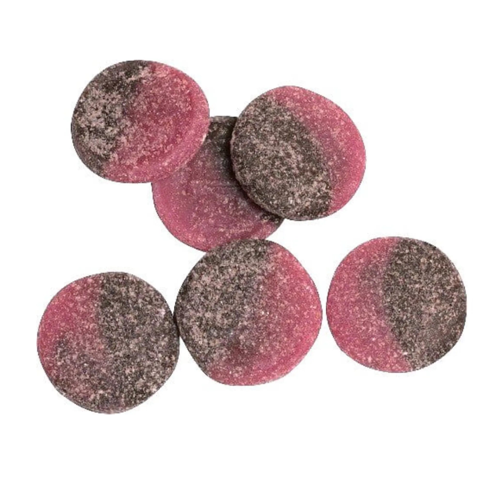 Six round pieces of Swedish candy in black and pink coated in sugar.