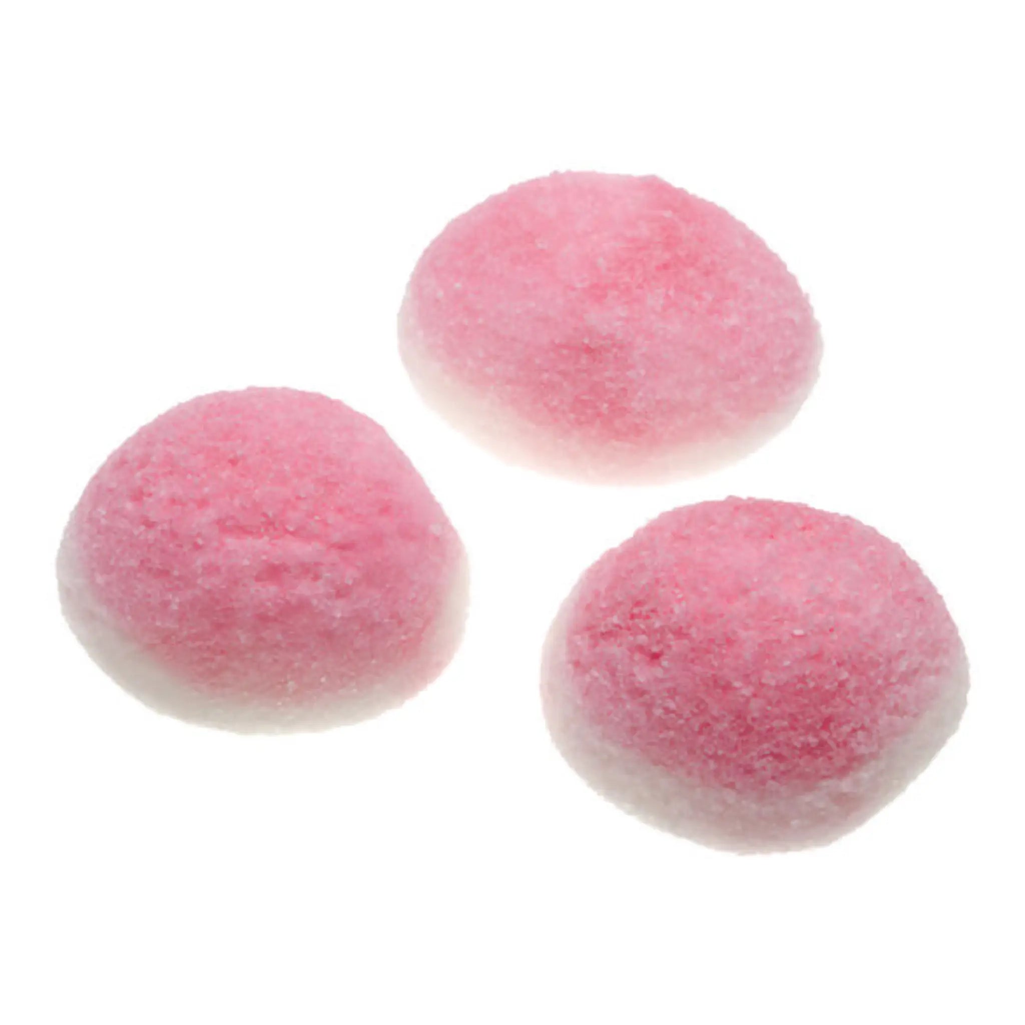 Three round pieces of Swedish candy in pink and white.