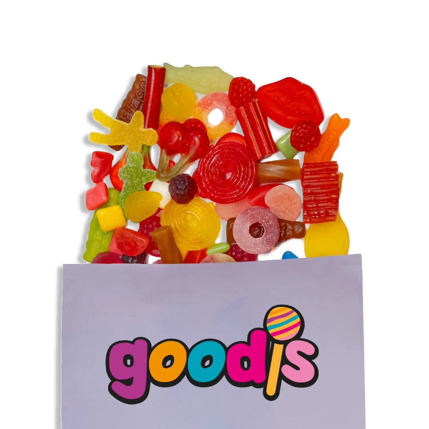A purple bag with Swedish candy in different shapes and colors falling out of it.