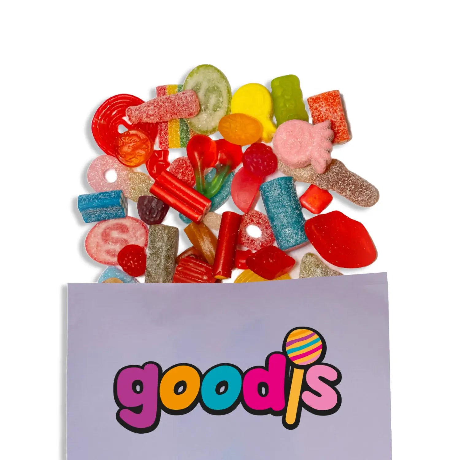 Colorful pieces of candy in different shapes falling out of a purple bag.