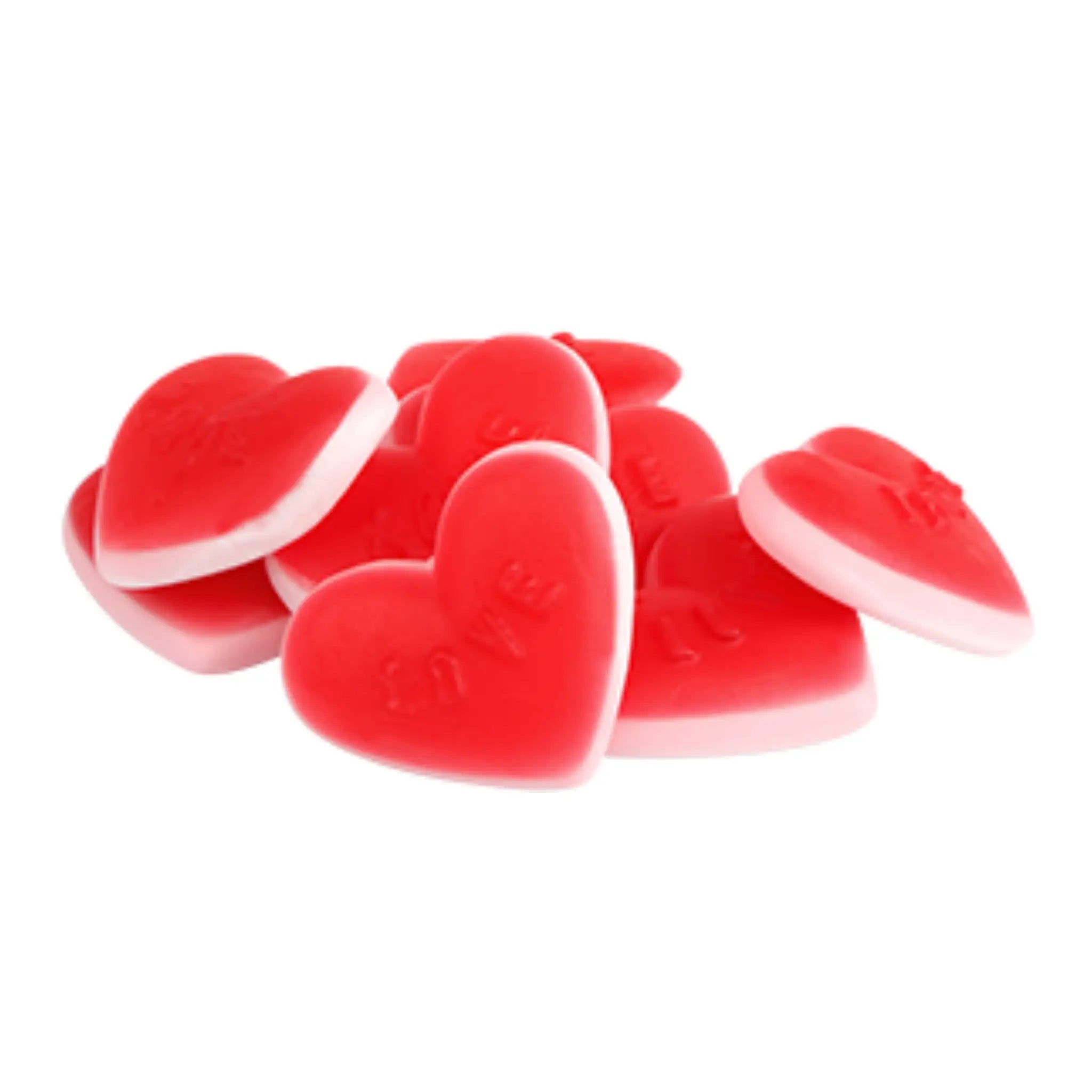 Eight pieces of Swedish candy shaped like hearts, red on the front and pink on the back.
